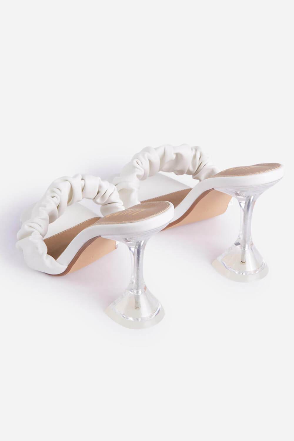 White Faux Leather Ruched Square Peep Toe Clear Perspex Sculptured Heel Mules