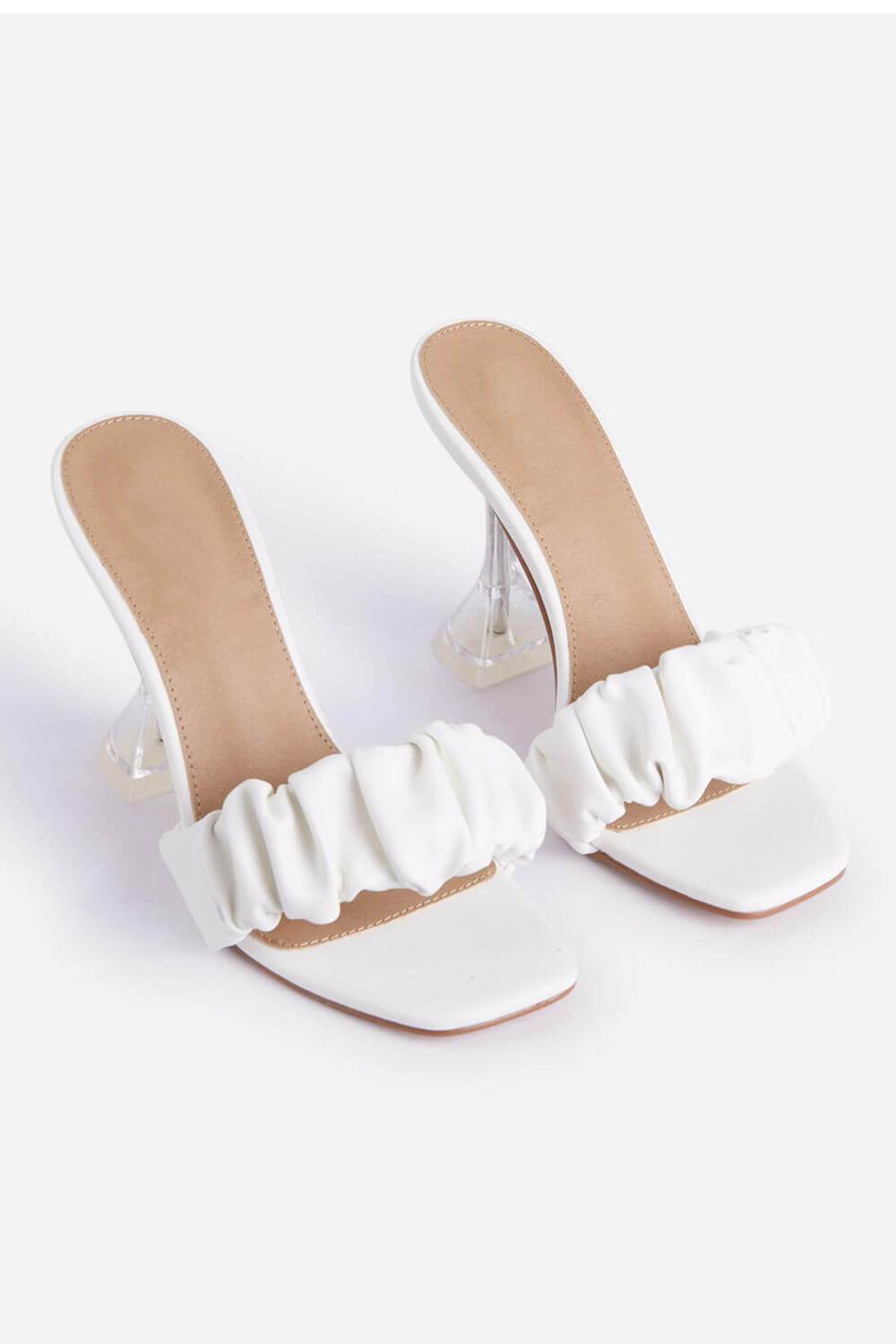 White Faux Leather Ruched Square Peep Toe Clear Perspex Sculptured Heel Mules