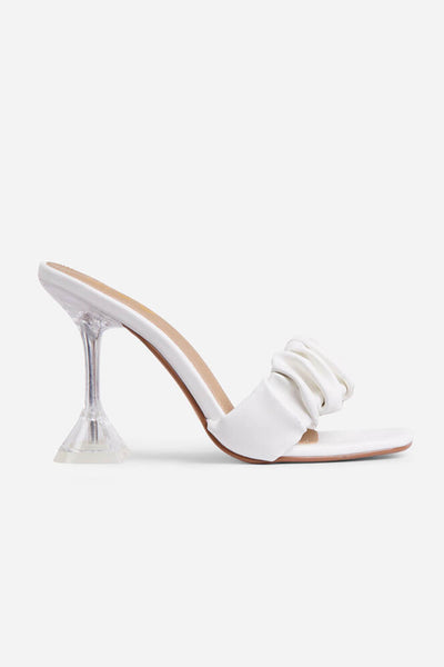 White Faux Leather Ruched Square Peep Toe Clear Perspex Sculptured Heel Mules