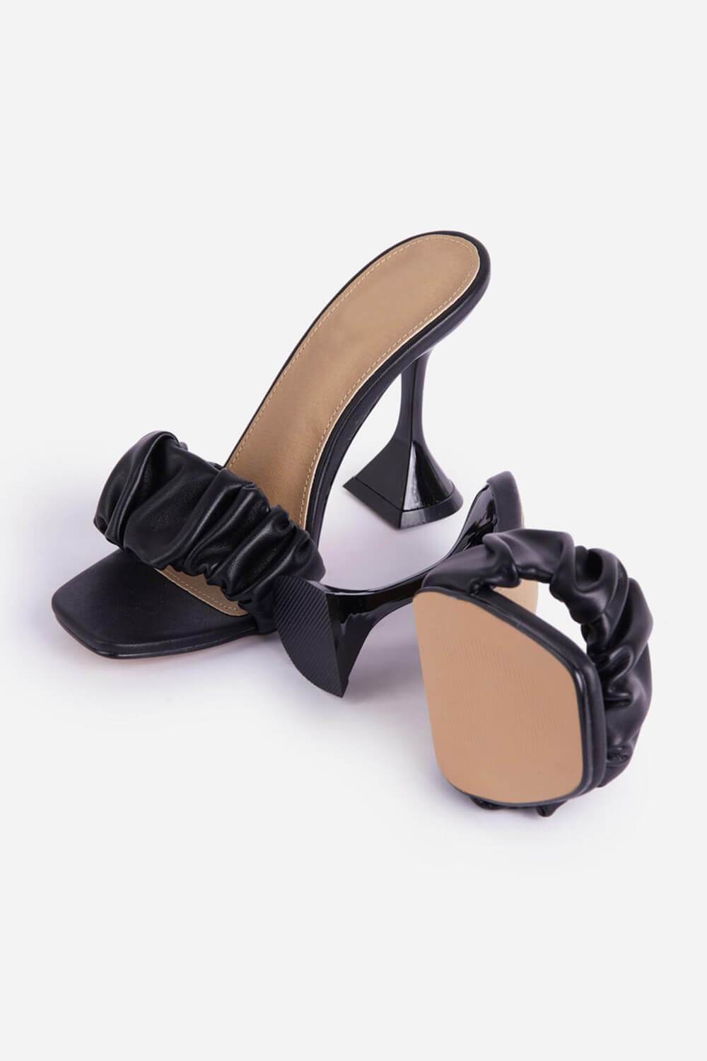 Black Faux Leather Ruched Square Peep Toe Perspex Sculptured Heel Mules