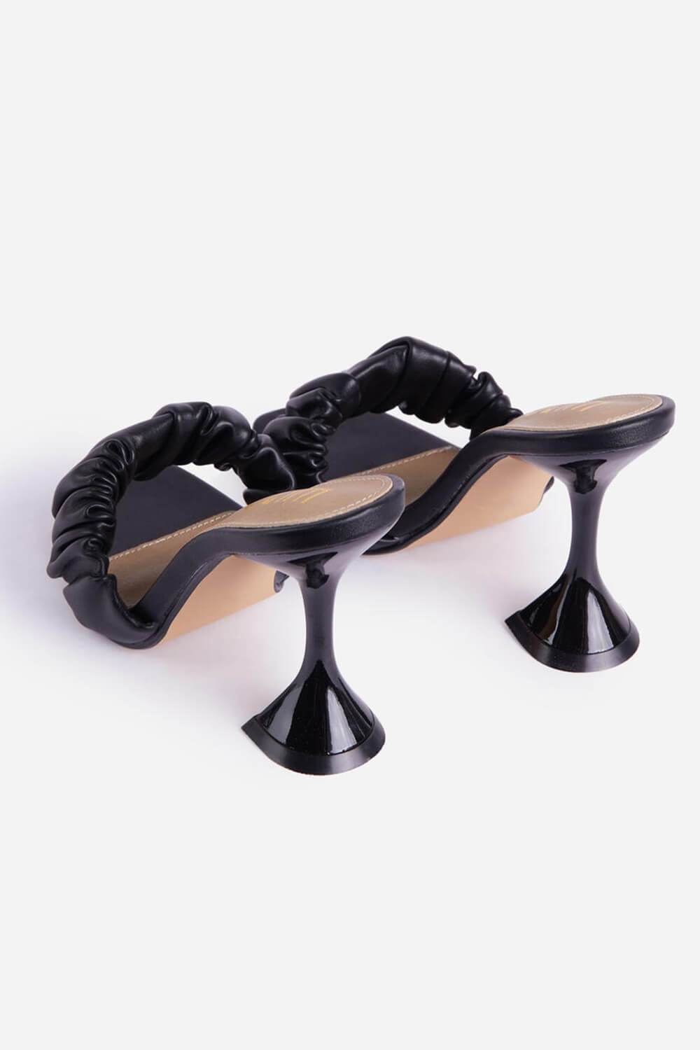 Black Faux Leather Ruched Square Peep Toe Perspex Sculptured Heel Mules