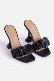 Black Faux Leather Ruched Square Peep Toe Perspex Sculptured Heel Mules