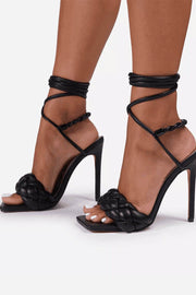 Black Faux Leather Lace Up Square Toe Woven Stiletto Heels With Braided Detail