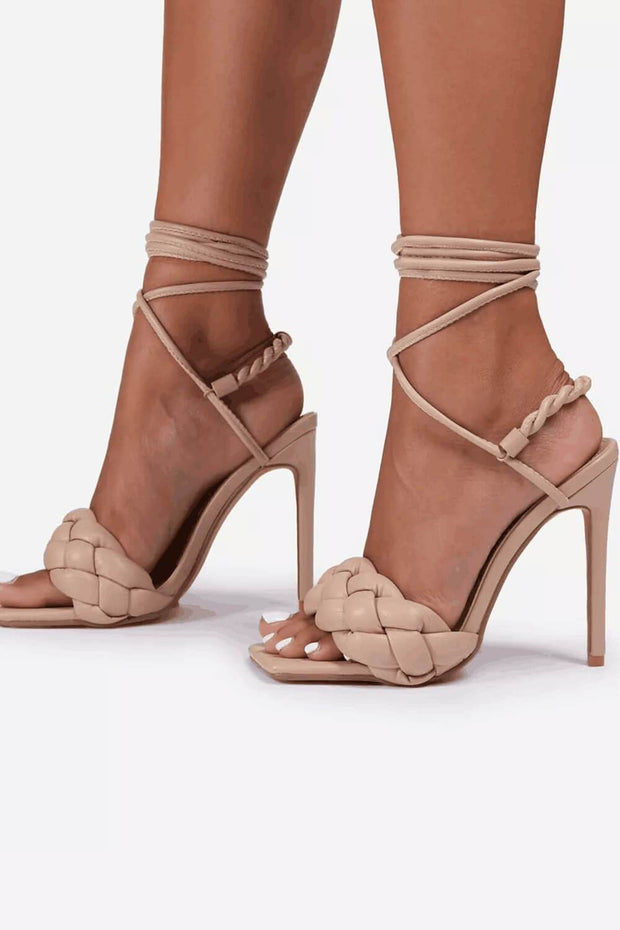 Nude Faux Leather Lace Up Square Toe Woven Stiletto Heels With Braided Detail