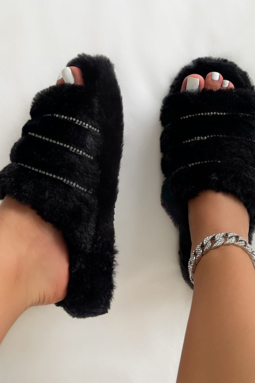 Black Faux Fur Stripe Diamante Fluffy Slippers