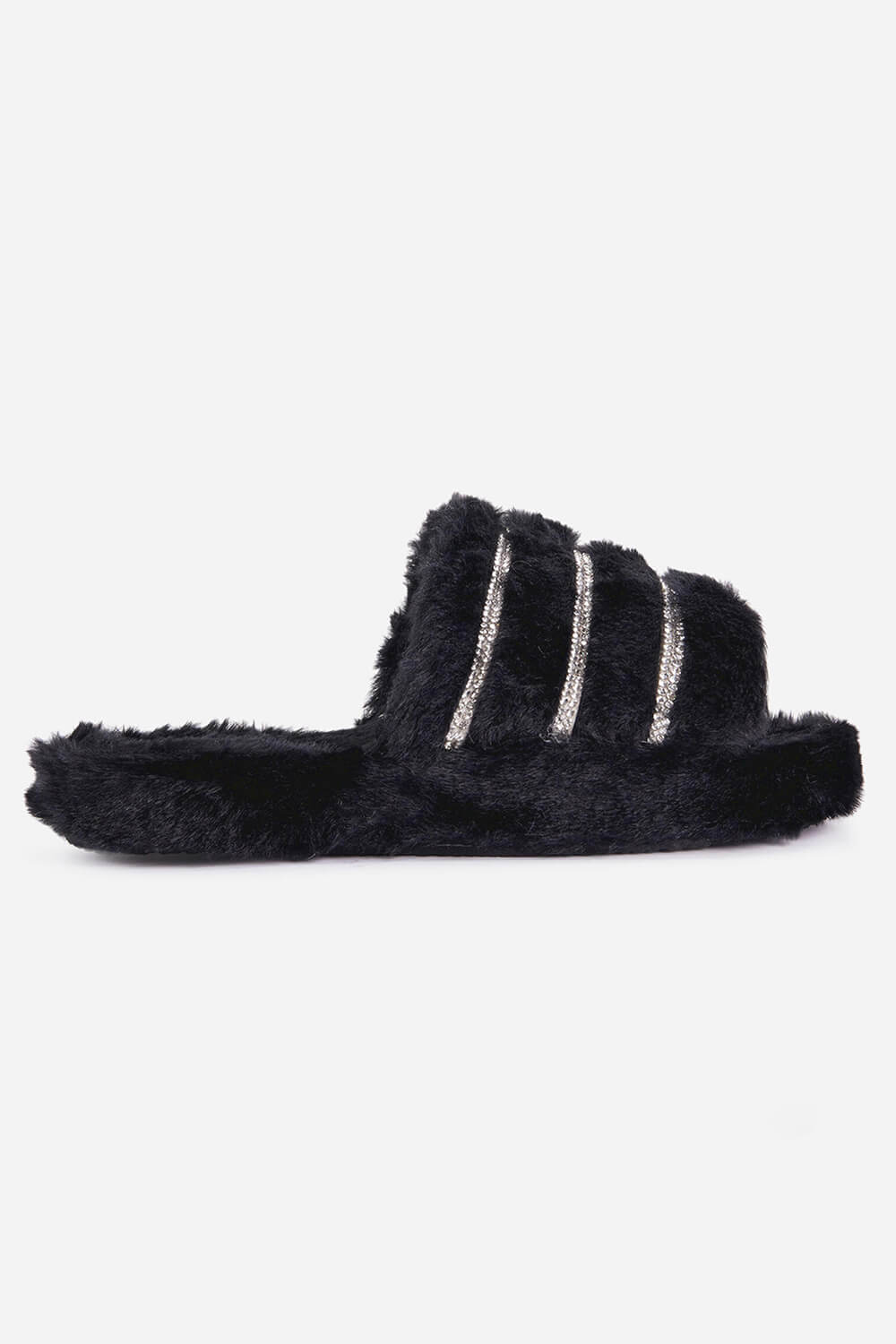 Black Faux Fur Stripe Diamante Fluffy Slippers