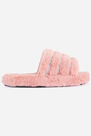 Pink Faux Fur Stripe Diamante Fluffy Slippers