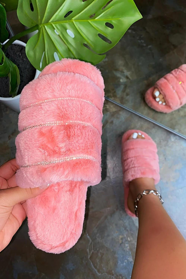 Pink Faux Fur Stripe Diamante Fluffy Slippers