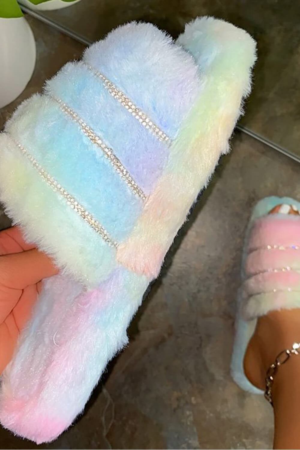 Tie Dye Faux Fur Stripe Diamante Fluffy Slippers - MomyMall