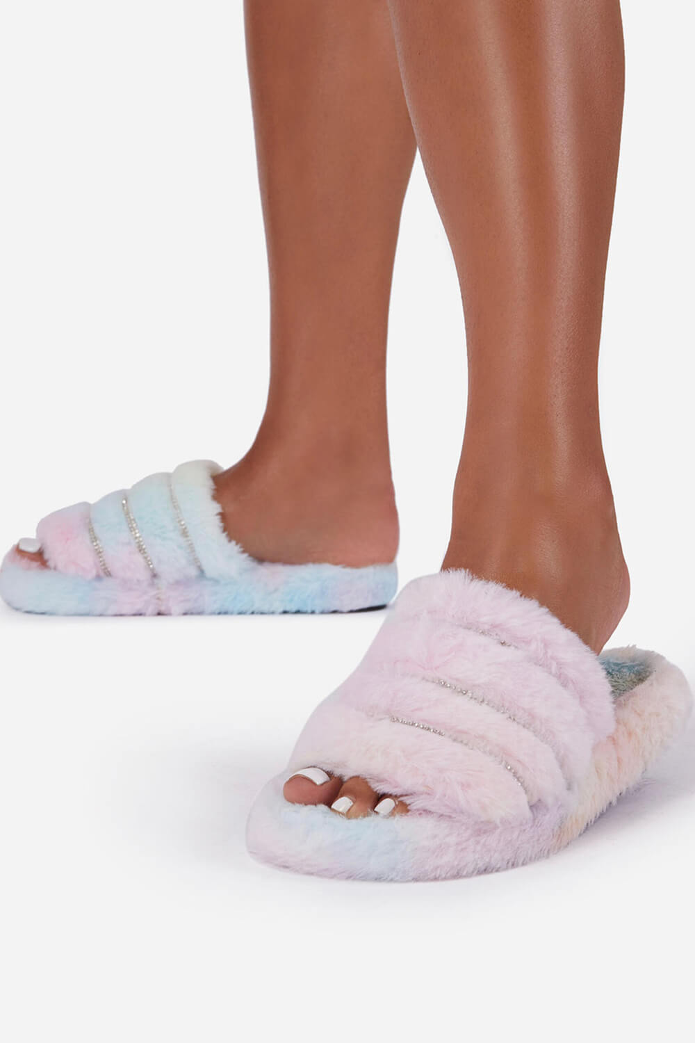 Tie Dye Faux Fur Stripe Diamante Fluffy Slippers - MomyMall