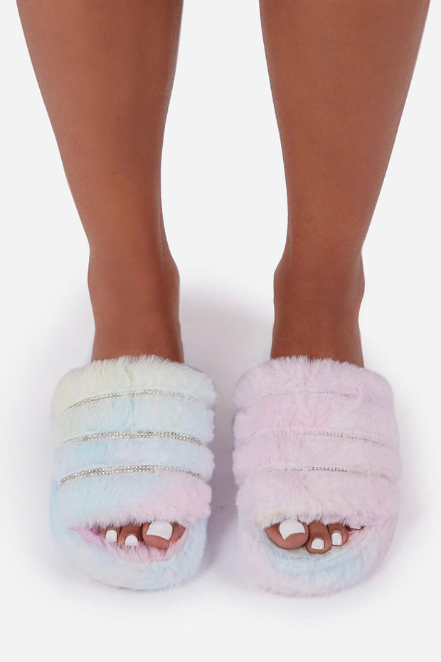 Tie Dye Faux Fur Stripe Diamante Fluffy Slippers - MomyMall