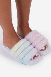 Tie Dye Faux Fur Stripe Diamante Fluffy Slippers - MomyMall