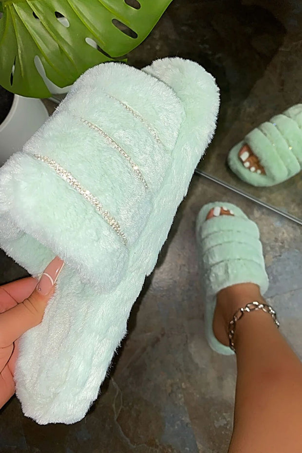 Mint Green Faux Fur Stripe Diamante Fluffy Slippers