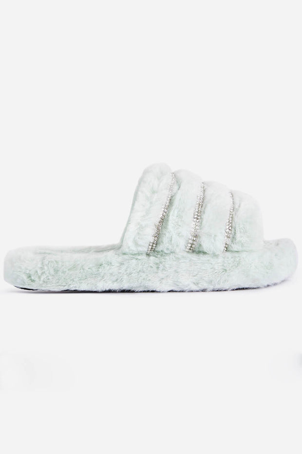 Mint Green Faux Fur Stripe Diamante Fluffy Slippers