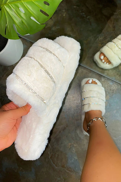 White Faux Fur Stripe Diamante Fluffy Slippers