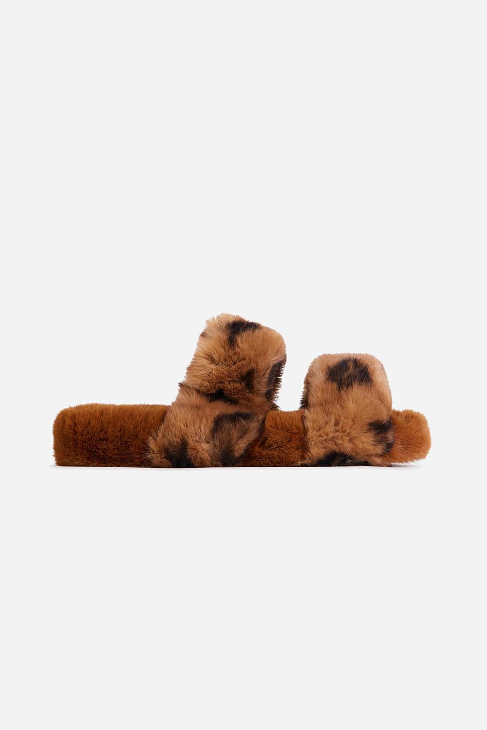 Tan Brown Faux Fur Fluffy Printed Double Strap Flat Slipper