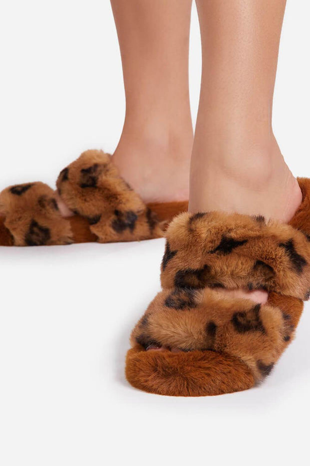 Tan Brown Faux Fur Fluffy Printed Double Strap Flat Slipper