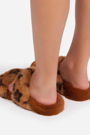 Tan Brown Faux Fur Fluffy Printed Double Strap Flat Slipper