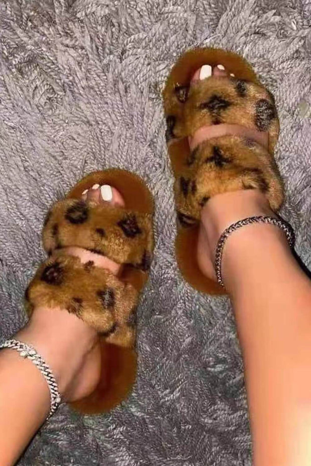 Tan Brown Faux Fur Fluffy Printed Double Strap Flat Slipper