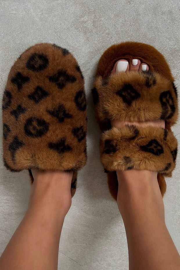 Tan Brown Faux Fur Fluffy Printed Double Strap Flat Slipper