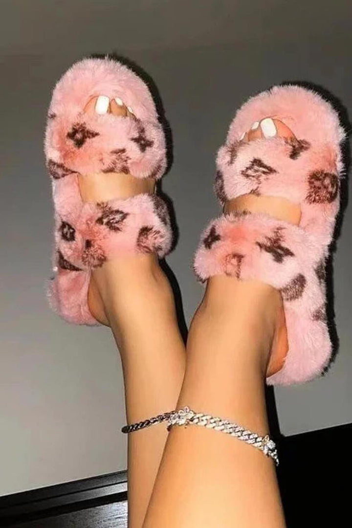 Pink Faux Fur Fluffy Printed Double Strap Flat Slipper - MomyMall