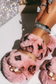 Pink Faux Fur Fluffy Printed Double Strap Flat Slipper - MomyMall