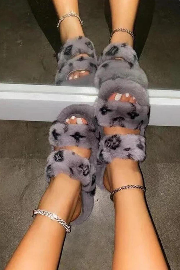 Grey Faux Fur Fluffy Printed Double Strap Flat Slipper - MomyMall