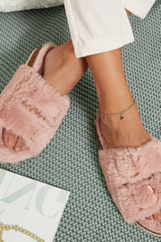 Pink Fluffy Double Buckle Flat Sandals - MomyMall