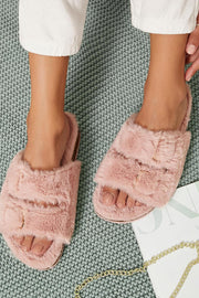 Pink Fluffy Double Buckle Flat Sandals - MomyMall