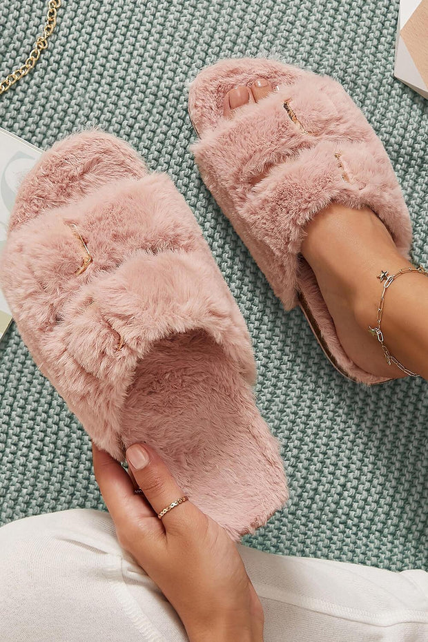 Pink Fluffy Double Buckle Flat Sandals - MomyMall