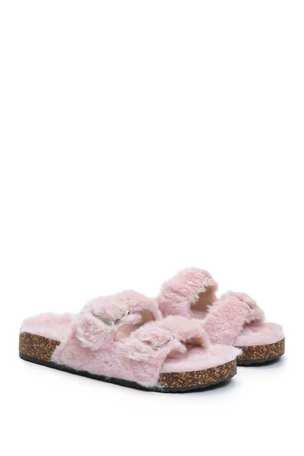 Pink Fluffy Double Buckle Flat Sandals - MomyMall