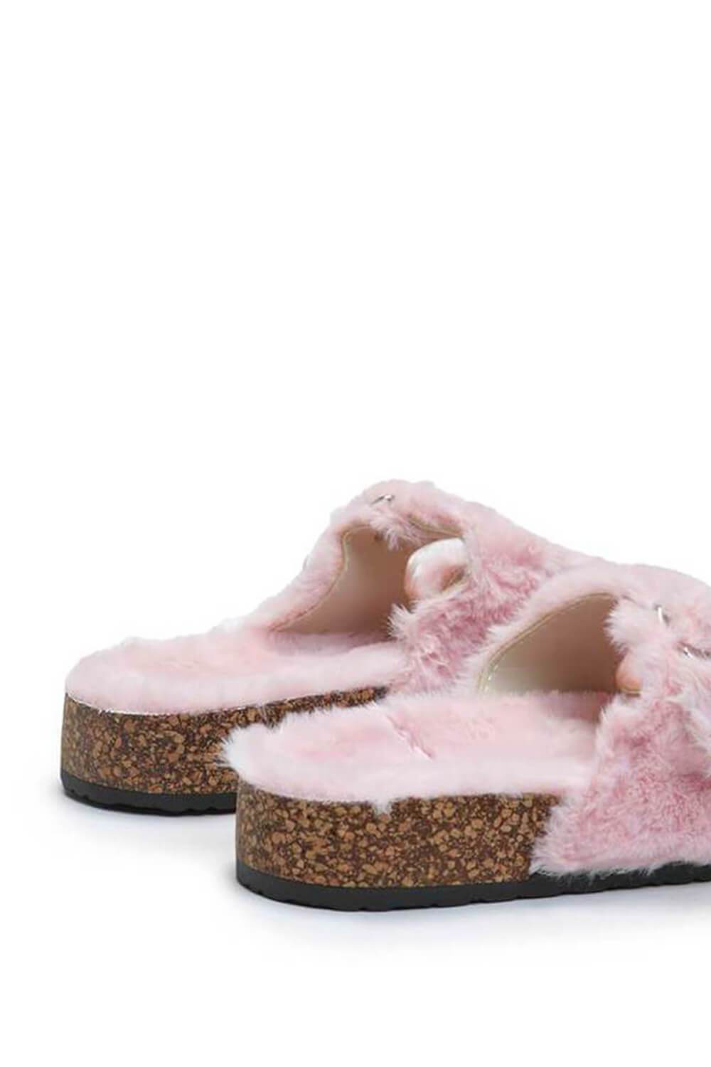 Pink Fluffy Double Buckle Flat Sandals - MomyMall