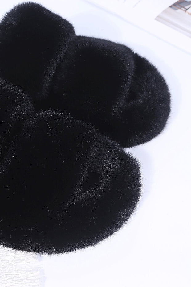 Black Fluffy Faux Fur Double Strap Slippers - MomyMall