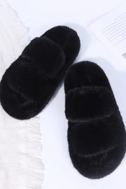 Black Fluffy Faux Fur Double Strap Slippers - MomyMall