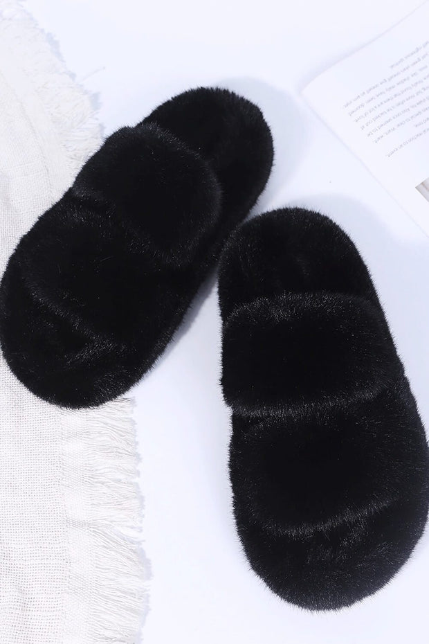 Black Fluffy Faux Fur Double Strap Slippers - MomyMall