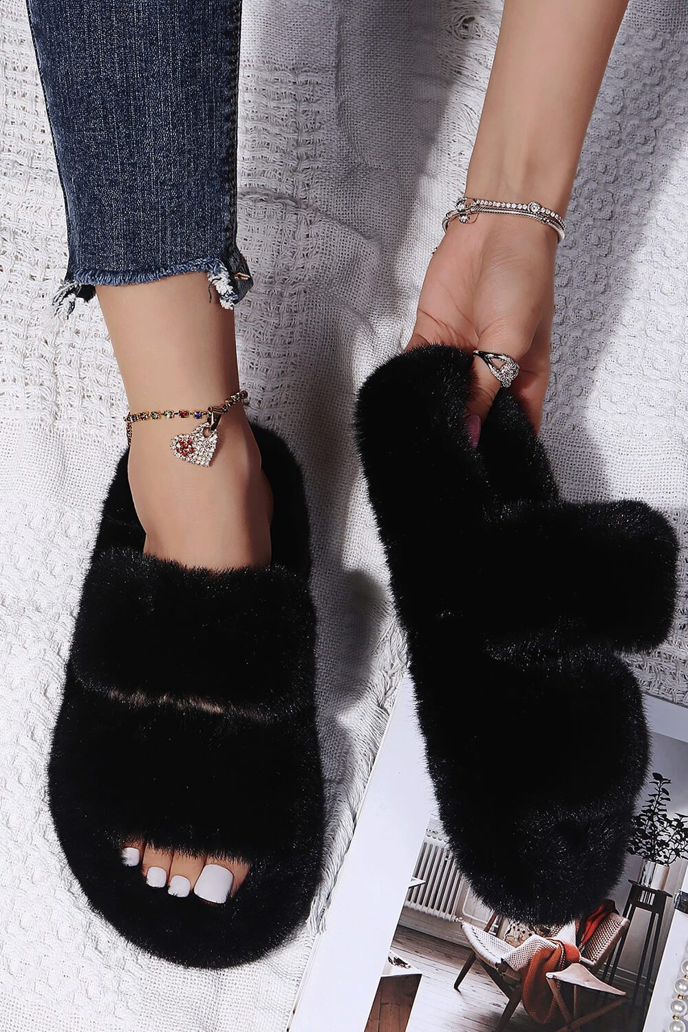 Black Fluffy Faux Fur Double Strap Slippers - MomyMall