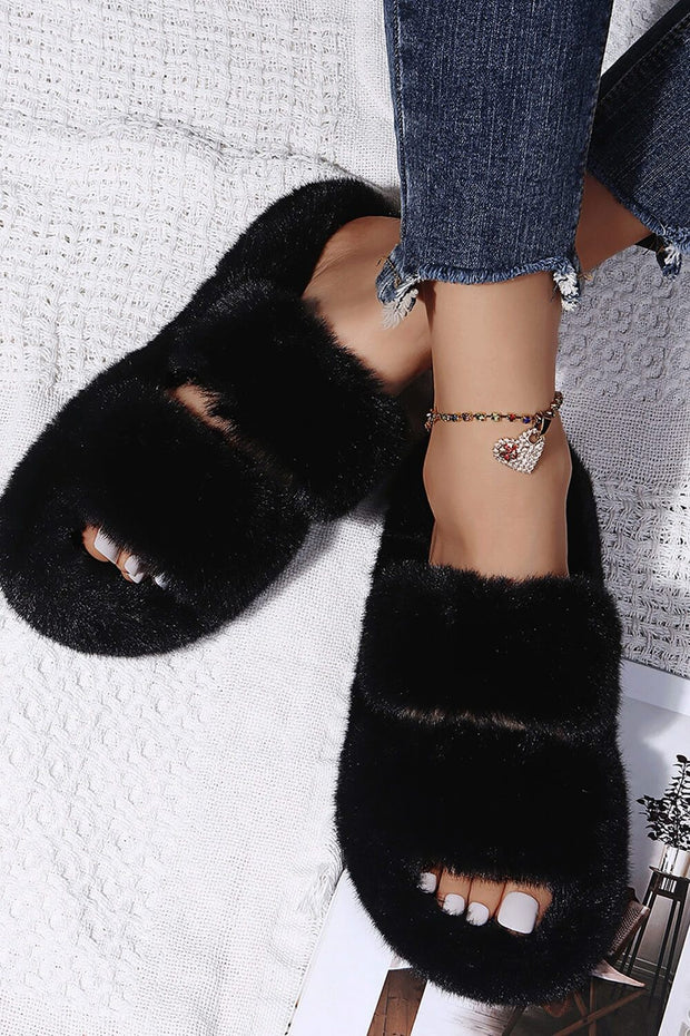 Black Fluffy Faux Fur Double Strap Slippers - MomyMall