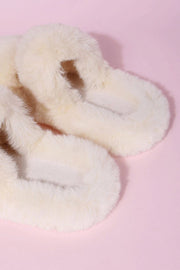 Beige Fluffy Faux Fur Double Strap Slippers