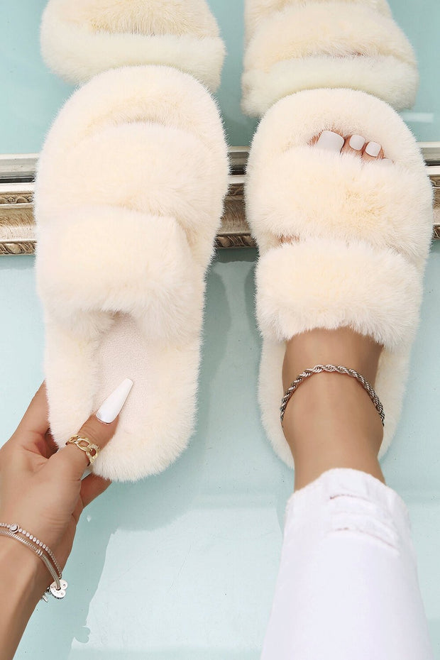 Beige Fluffy Faux Fur Double Strap Slippers