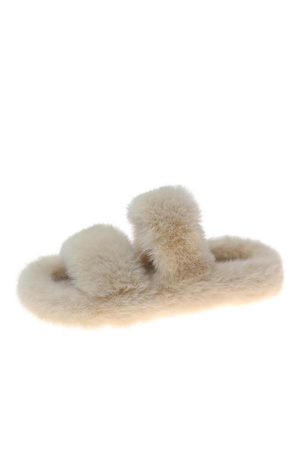 Beige Fluffy Faux Fur Double Strap Slippers