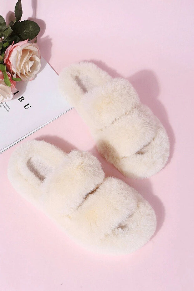 Beige Fluffy Faux Fur Double Strap Slippers