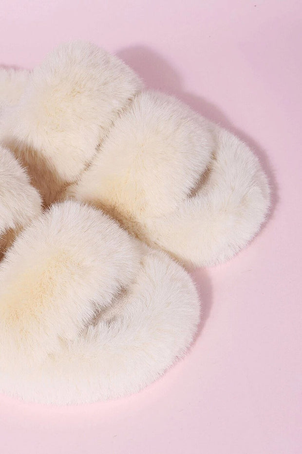 Beige Fluffy Faux Fur Double Strap Slippers