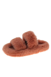 Pink Fluffy Faux Fur Double Strap Slippers