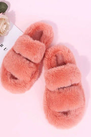 Pink Fluffy Faux Fur Double Strap Slippers