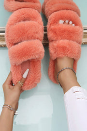 Pink Fluffy Faux Fur Double Strap Slippers