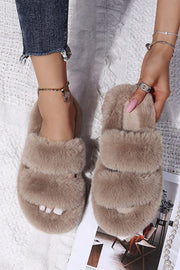 Brown Fluffy Faux Fur Double Strap Slippers