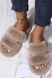 Brown Fluffy Faux Fur Double Strap Slippers