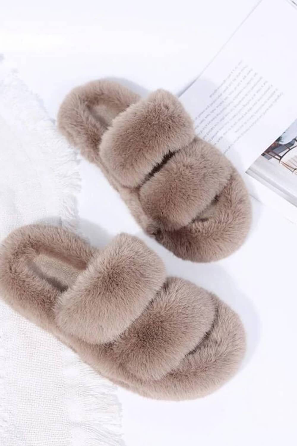 Brown Fluffy Faux Fur Double Strap Slippers