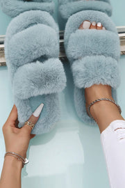 Light Blue Fluffy Faux Fur Double Strap Slippers