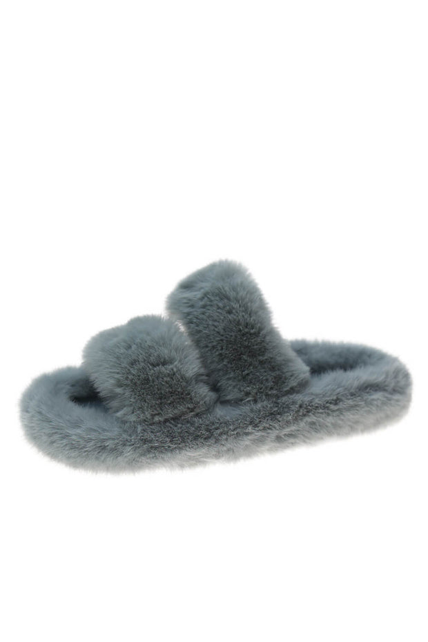 Light Blue Fluffy Faux Fur Double Strap Slippers